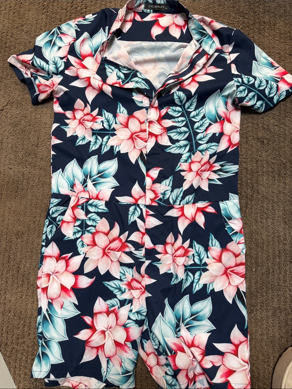 Unisex' Navy Floral Romper - Pink & Teal